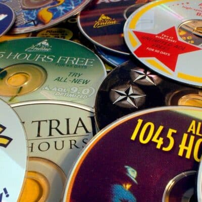 A pile of promotional AOL CDs offering free trial hours