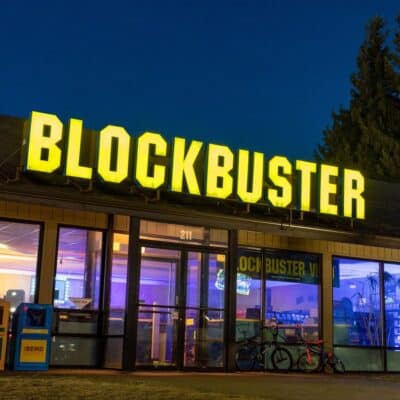 A Blockbuster store with its iconic bright yellow sign