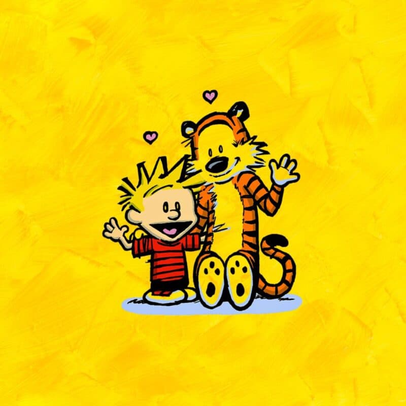 Calvin and Hobbes against a bright yellow background