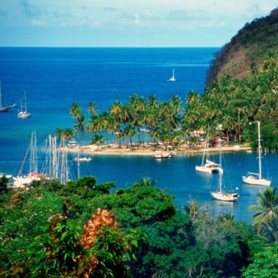 Sailboats anchored in a calm, turquoise bay surrounded by lush green hills and palm trees in Saint Lucia