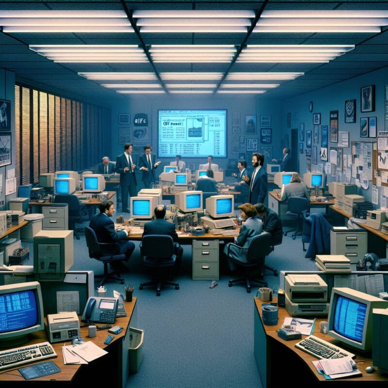 A busy office with multiple people working at desks with computers and paperwork, reminiscent of 1990s technology and business environment