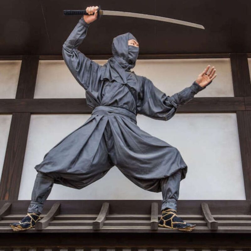 Person dressed in traditional ninja attire holding a sword and posing dramatically on a wooden structure