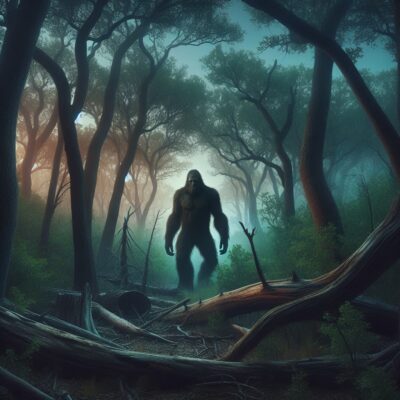 Bigfoot walking through a dense, misty forest with tall trees and fallen branches