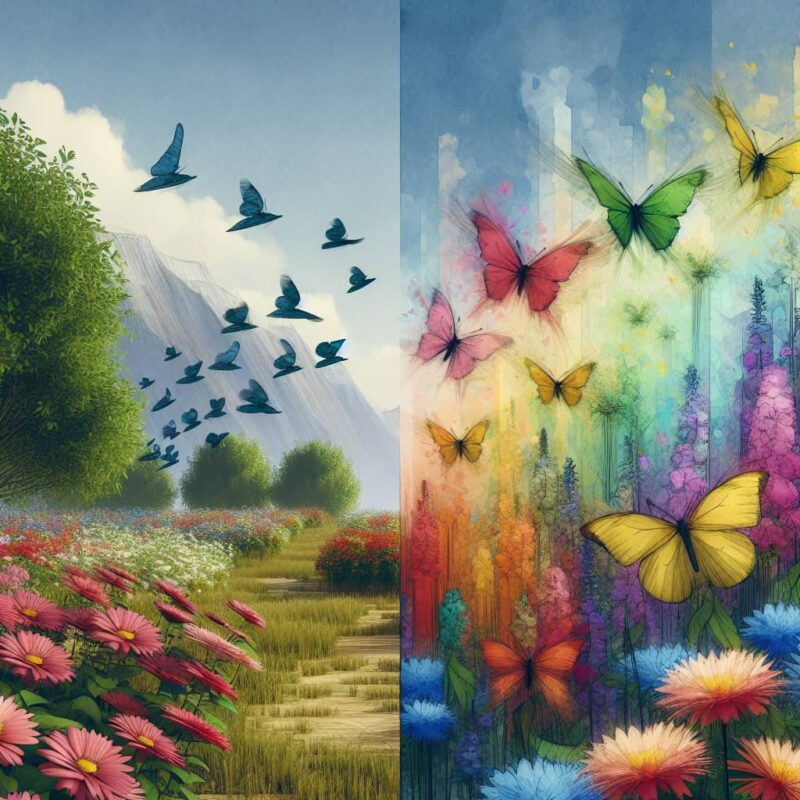 A landscape with a left side showing trees, mountains, and a field with blue butterflies, and a right side depicting colorful butterflies among vibrant flowers