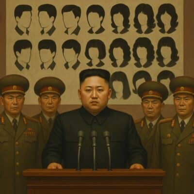 A person standing at a podium with military officials behind him, in front of a poster displaying various hairstyles