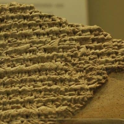 A broken Babylonian tablet with cuneiform inscriptions discovered in Iraq