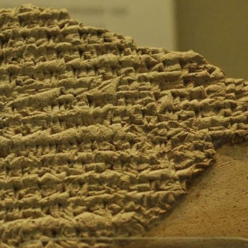 A broken Babylonian tablet with cuneiform inscriptions discovered in Iraq