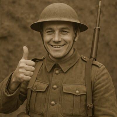 A soldier wearing a helmet and uniform gives a thumbs-up gesture