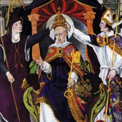 Young Pope Benedict IX being crowned