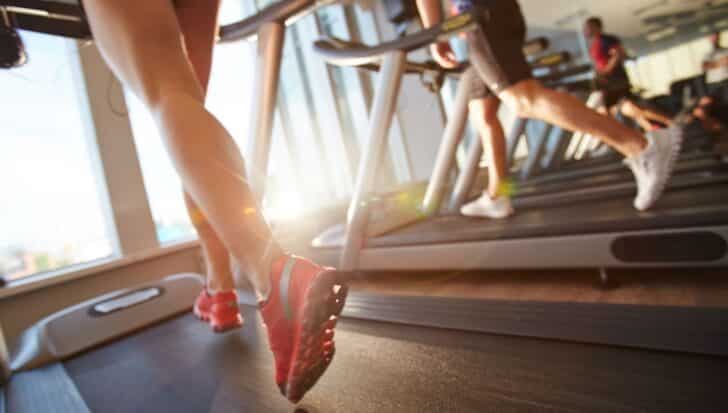 People running on treadmills in a gym with sunlight streaming through windows