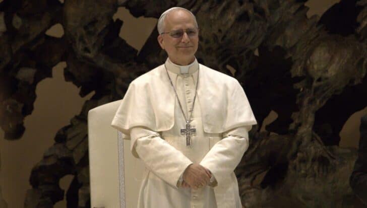 Pope Leo XIV, standing with hands folded, against a dark textured background