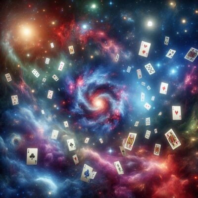 A swirling galaxy surrounded by colorful nebulae, with playing cards floating in space