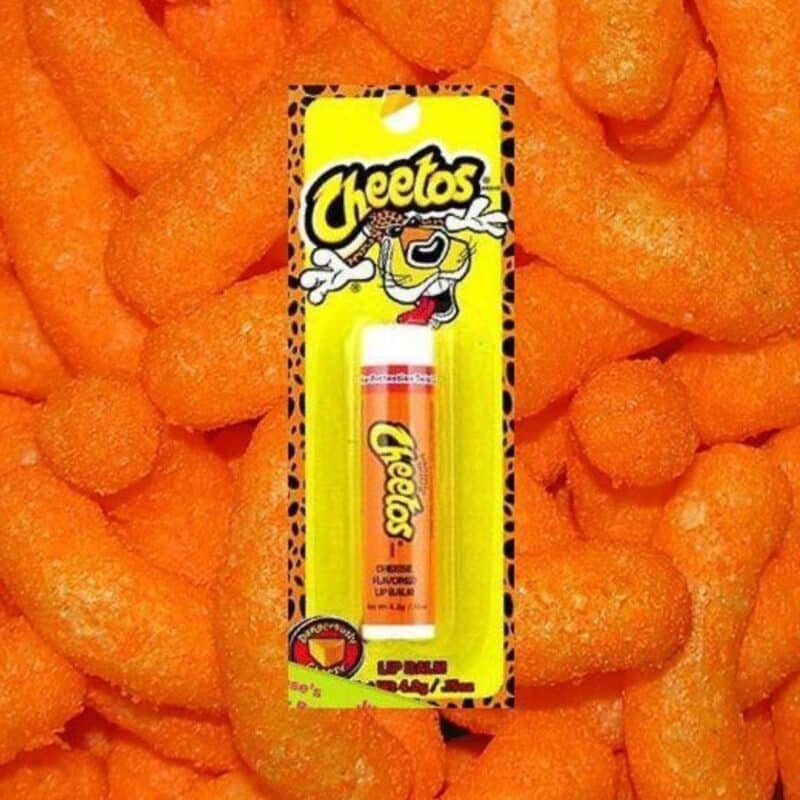Cheetos Lip Balm in its yellow packaging with the logo