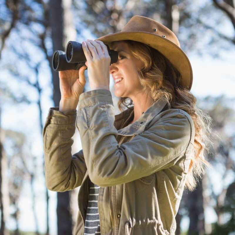 A person wearing a hat and outdoor clothing looks through binoculars in a forest setting