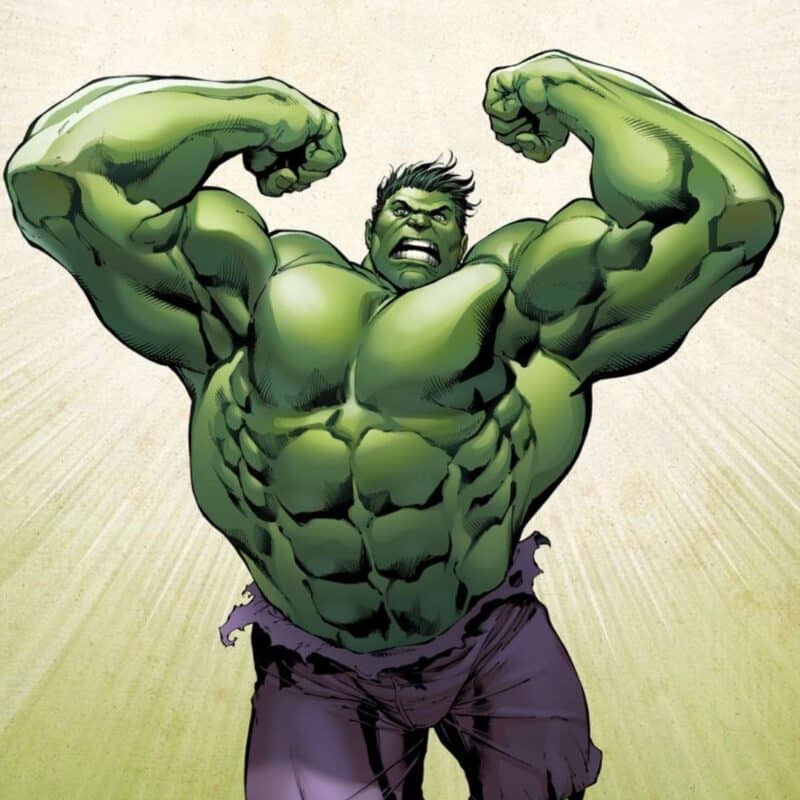 The Hulk flexing his arms with a fierce expression