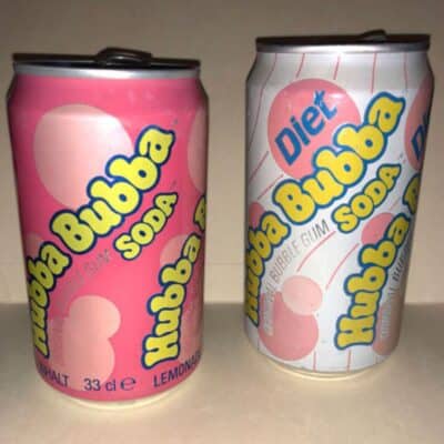 Two cans of Hubba Bubba bubble gum soda, one regular and one diet