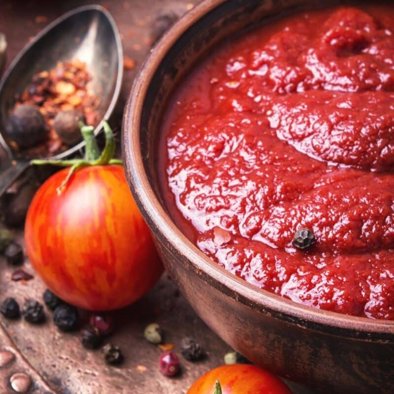 A bowl of thick, red tomato ketchup with a nearby fresh tomato