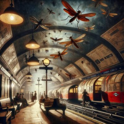 Passengers wait on a London Underground platform during the World War II era as giant mosquitoes fly above them