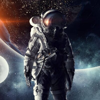 An astronaut in a spacesuit floating in space with celestial bodies and starlight in the background