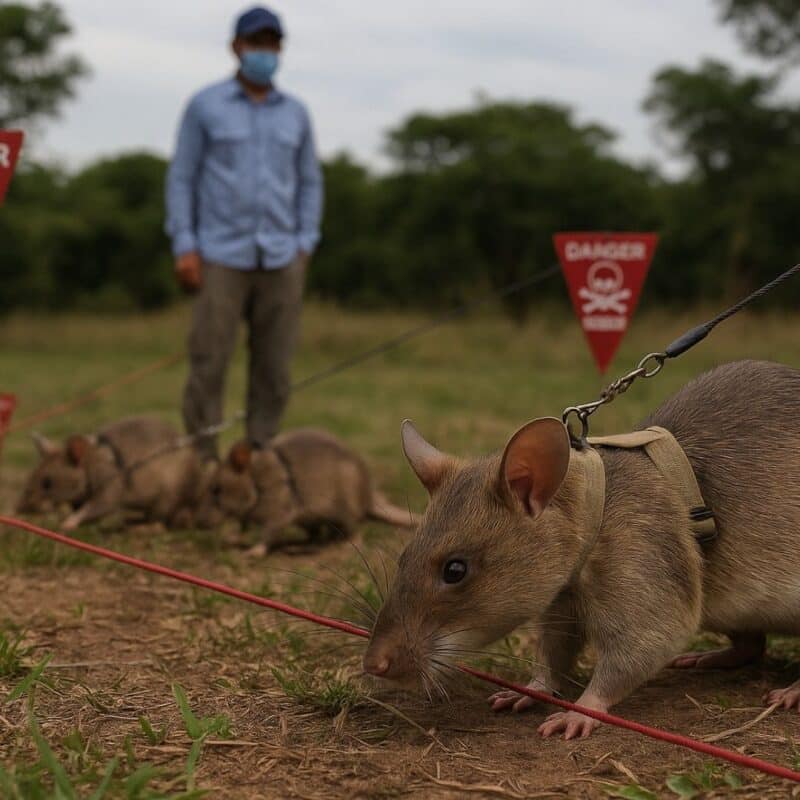 A trained rat wearing a harness searches the ground for landmines in a field