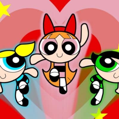 The Powerpuff Girls flying, with a heart background and stars