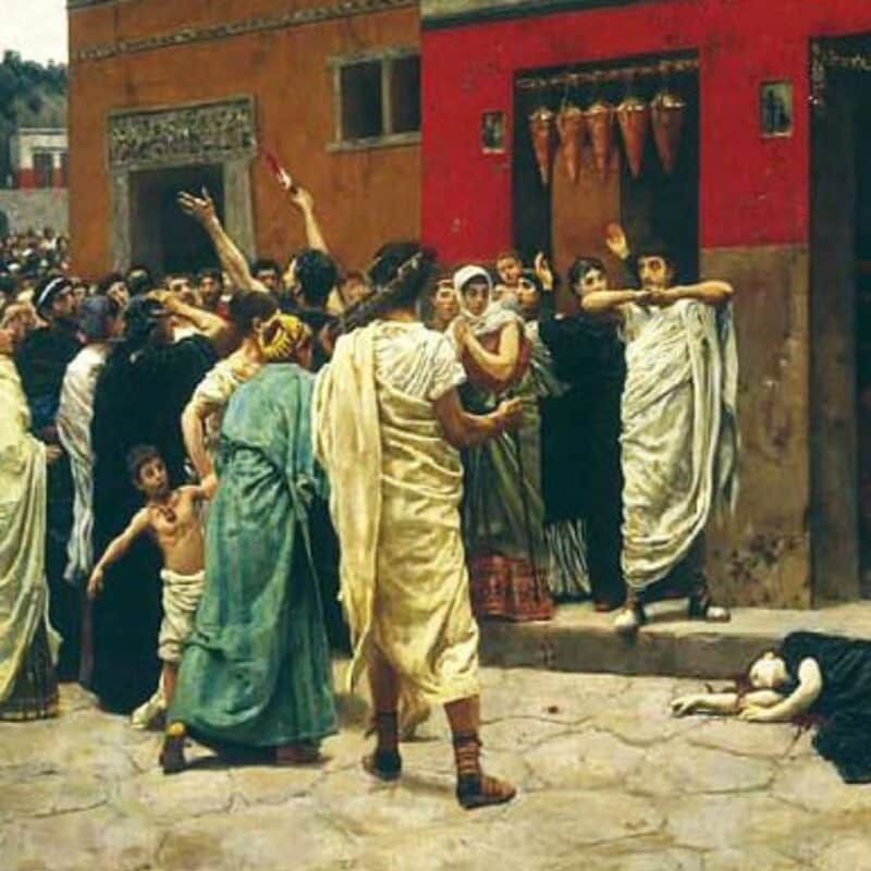 A crowd of ancient Roman commoners in robes outside a building