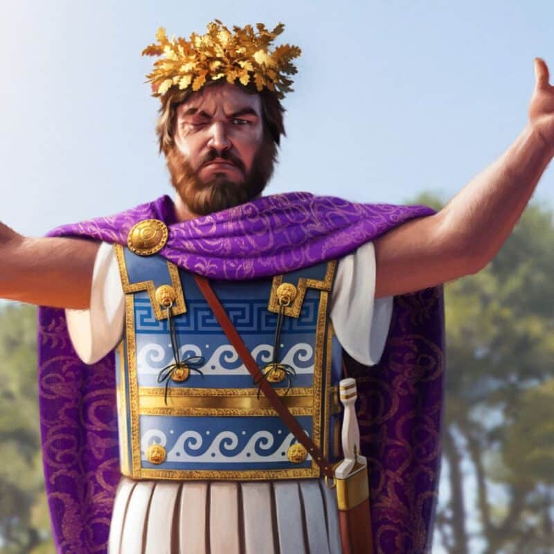 A man dressed in ancient Macedonian armor, a crown and a purple cloak