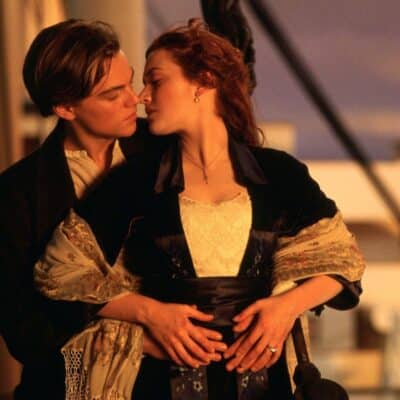 A romantic scene on the deck of a ship from the film Titanic