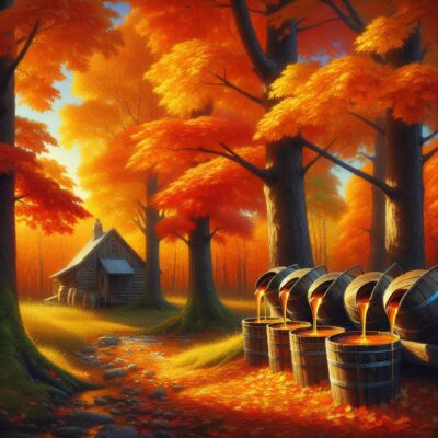 Wooden barrels filled with maple syrup sit near a rustic cabin in a forest of tall maple trees with vibrant autumn foliage