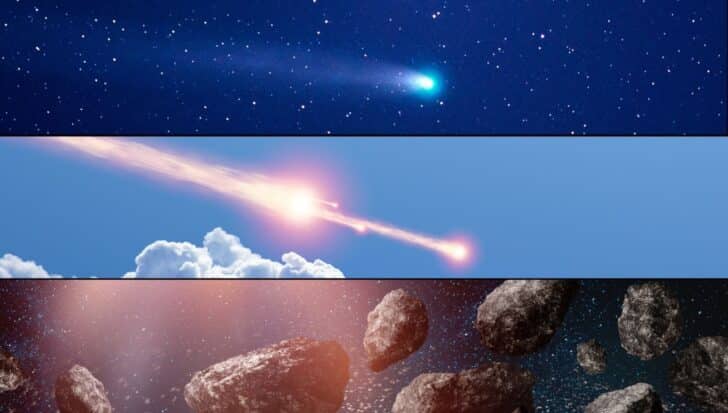 Three separate images depicting space phenomena in a sequence: a comet with a glowing tail in a starry sky, a meteor streaking through the Earth's atmosphere against a backdrop of clouds, and several asteroids floating in space