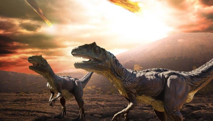 Dinosaurs on rocky terrain with a fiery meteor streaking across the sky