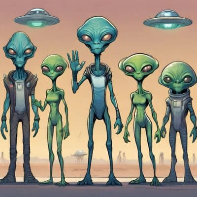 Five green humanoid aliens standing in a desert with UFOs overhead