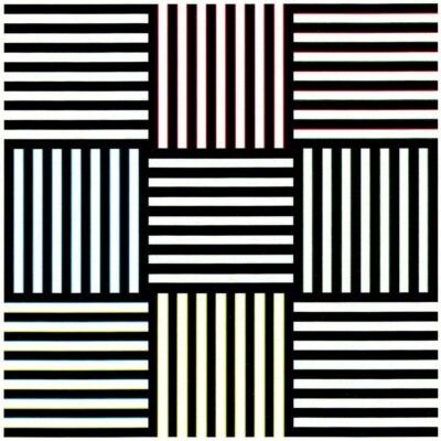 Grid of black, red, blue, yellow, and white vertical and horizontal stripes