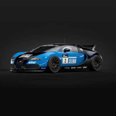 Blue and black Bugatti Veyron race car with sponsor decals and number 2
