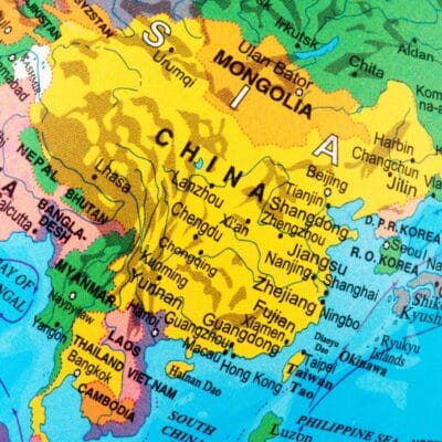 Colorful map showing China and neighboring countries with major cities labeled