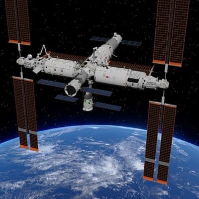 Tiangong space station orbiting Earth with solar panels extended