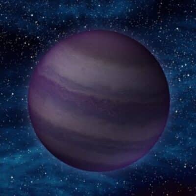 Purple-brown banded brown dwarf floating against a star-filled cosmic background