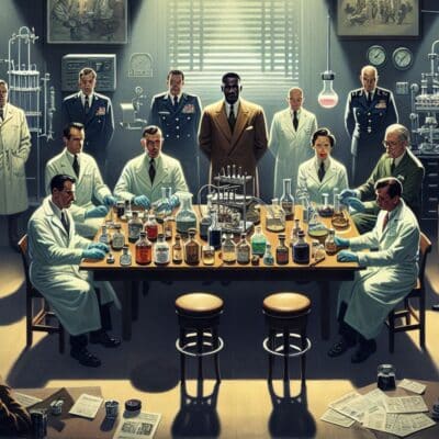 Scientists in lab coats working with various chemical bottles, observed by military officials