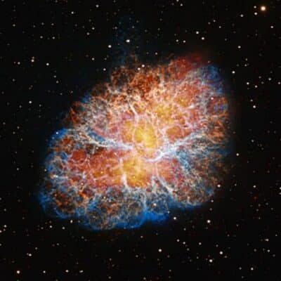 Colorful filamentary Crab Nebula supernova remnant in the Taurus constellation