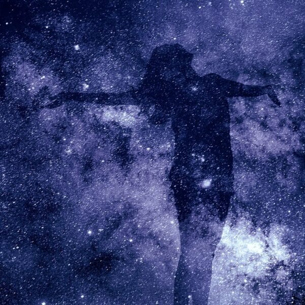 Shadowy human silhouette with outstretched arms superimposed on starry galaxy