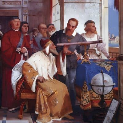 Galileo Galilei demonstrating a telescope to a group of men