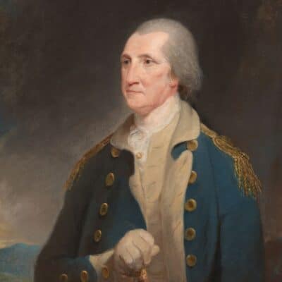 George Washington in military uniform, faced left with a contemplative expression