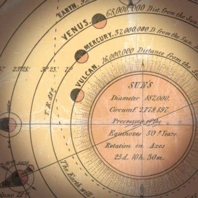 Vintage astronomical diagram showing Sun, Mercury, and hypothetical planet Vulcan
