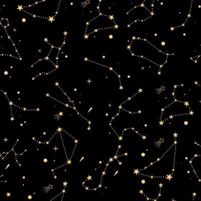 Gold stars and dotted lines trace constellations across a black sky