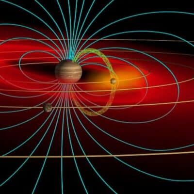 Jupiter with blue magnetic field lines, moon Io and glowing plasma torus