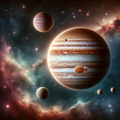Jupiter surrounded by several of its moons, including the large moon Ganymede, set against a colorful backdrop of space with stars and nebulae