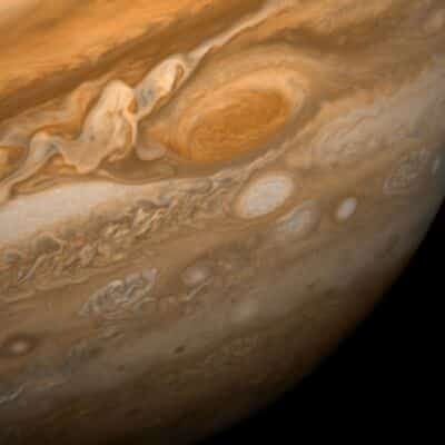Close-up of Jupiter showing swirling clouds and the Great Red Spot