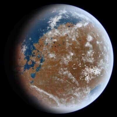 Mars with blue skies, clouds, and large bodies of water