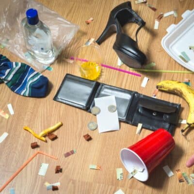 Scattered party items including a vodka bottle, red cup, wallet, banana, and high heel on floor
