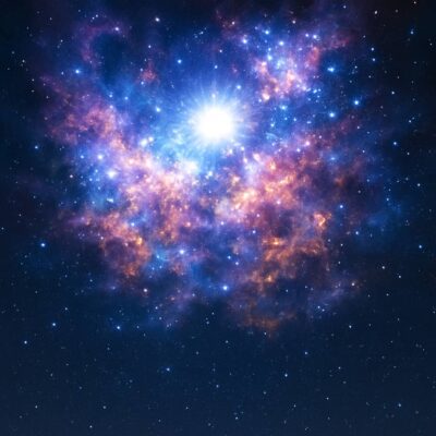 A bright, massive star illuminates a colorful nebula in space